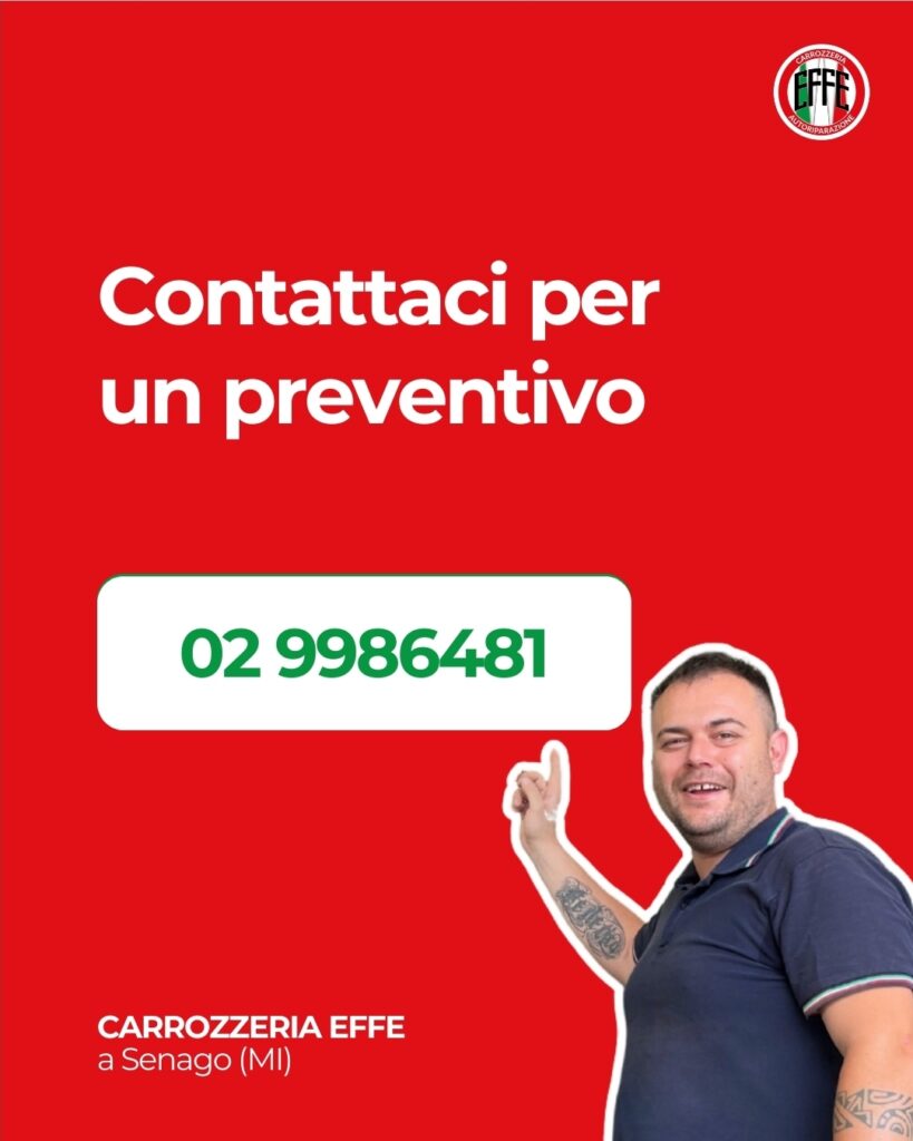 Carrozzeria EFFE - A smiling man pointing at a phone number on a red background for Carrozzeria EFFE.